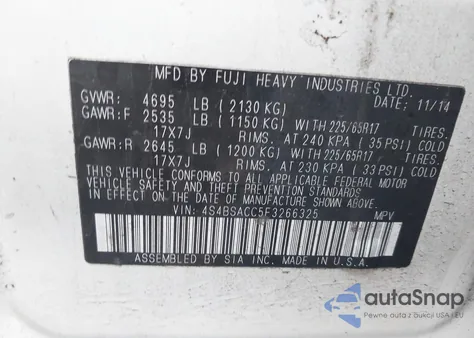 2015 Subaru Outback 2.5I Premium from USA, damaged, VIN 4S4BSACC5F3266325